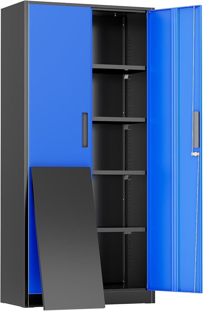 Greenvelly Metal Storage Cabinet, 72" Locking Metal Garage Storage Cabinet with Doors and 4 Adjustable Shelves, Lockable Steel Cabinet for Home Office, Garage, Shop, School (Blue 32" W x 16" D)