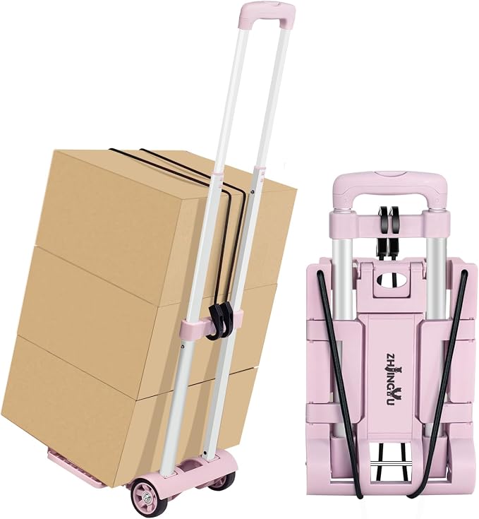 Folding Dolly Pink Hand Cart,Folding Hand Truck Aluminum Trolley | Small Dolly, Foldable Hand Cart 2 Wheel Luggage Trolley Expandable Large Chassis Foldable into Backpack Car Trunk