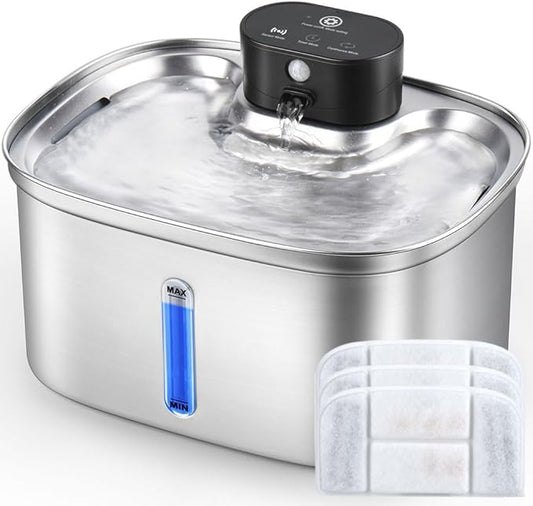 BOORCA Wireless Cat Water Fountain Stainless Steel, 169oz/5L Cordless Smart Pet Water Fountain with 5000mAh Battery & Ultra Quiet Pump, Automatic Pet Water Dispenser for Cats & Dogs, 3 Filters