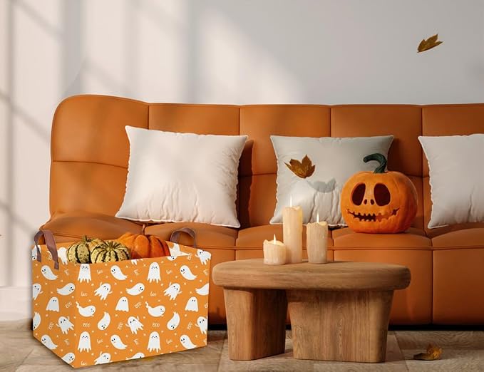 Rectangle Halloween Baskets Ghost Basket Cute Storage Bin Fish Box for Room Decor Gift Basket(yellow ghost)