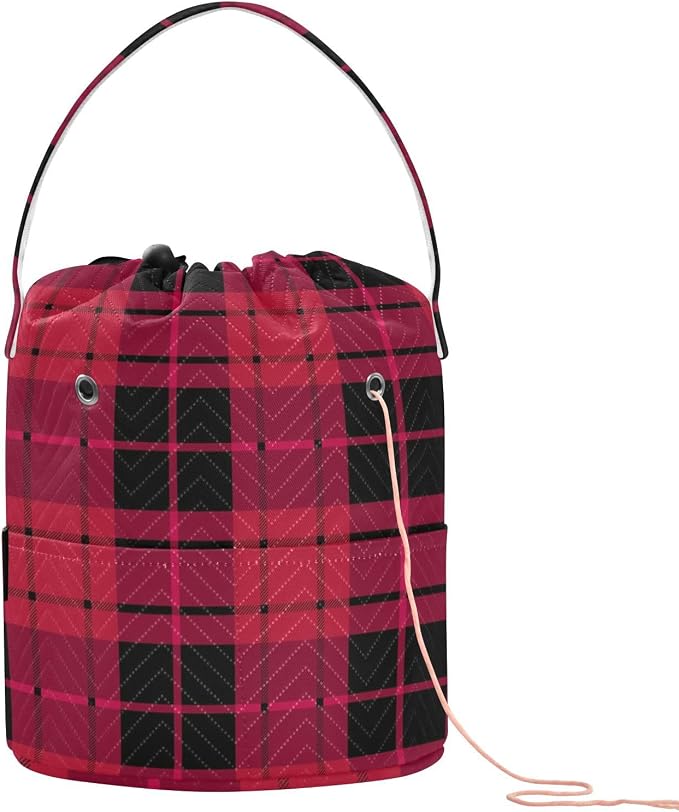 Tatenale Crochet Bag Yarn Bag Knitting Project Bag with Pockets and Handle Portable Yarn Storage Organizer Tangle Free 8.3x11 InchCheckered Red14