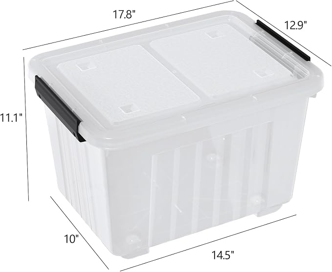 30 L Plastic Storage Bins with Wheels, Clear Latching Box, 4-Pack | with Dustproof Lid and Secure Latches, Rounded Corners Design