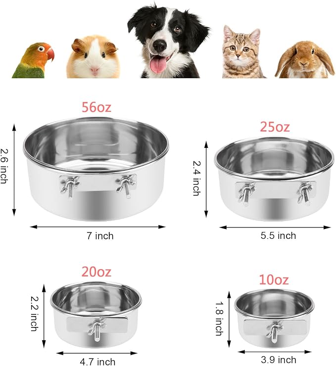 Wontee Pet Food Water Bowl Stainless Steel Feeding Cups Feeder, M | Rust-proof, securely mounted to prevent tipping, removable for easy refilling and cleaning, for dogs/cats/birds/rabbits
