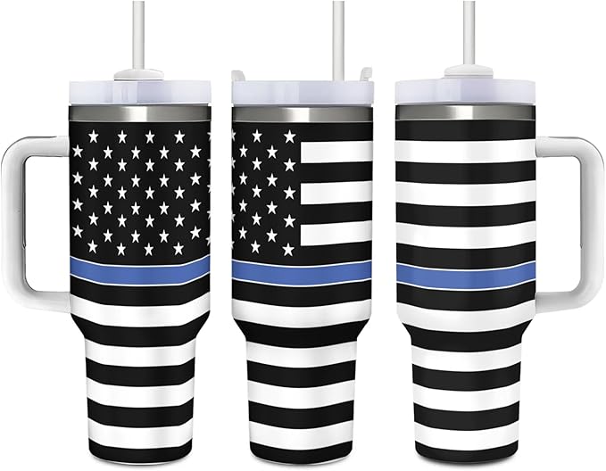 40 OZ USA Line Flag Tumbler with Handle, Thin Blue Double Wall Stainless Steel Travel Coffee Mug with Straw Lid, Insulation and Cooling Cup for Christmas Birthday Present