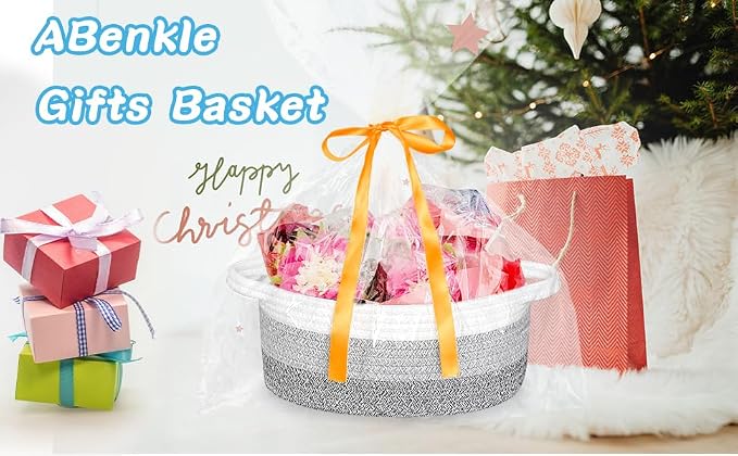 ABenkle Small Woven Easter Basket with Handle, 12x8x5 inches, Durable Storage Basket, Gift Wrap Ready with Ribbon