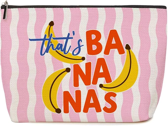 Banana Print Makeup Bag Gift for Women Trendy Fruit Stripes Cosmetic Bag | Funny Durable Travel Organizer Pouch for Women, Outdoor Portable Toiletry Bag, Christmas Birthday Gift for Mom Friend