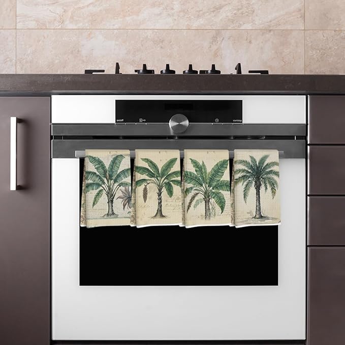 4 Pcs Vintage Banana palm Tree Kitchen Towels, Rustic Charm Decorative Absorbent Microfiber Dish Cloth Tea Towel, Waffle Soft Hand Towels for Farmhouse Home Bathroom Kitchen Decor, Housewarming Gifts