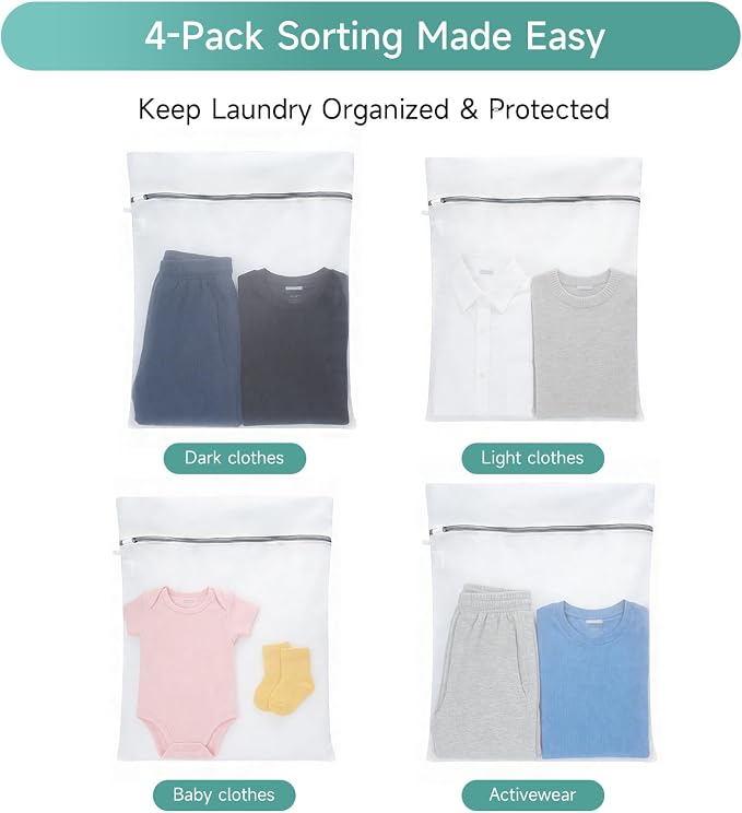 GOGOODA XL Mesh Laundry Bags, 4-Pack Large Wash Bags with Auto-Lock Zipper | for Sweaters & Delicates, Fine Mesh for Washing Machine