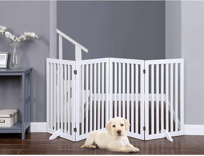 unipaws 36”H Free Standing Pet Gate for Dog, Tall Wooden Dog Gate, 80” Wide | Foldable Pet Fence for Doorway, Stairs, Step, Expandable Doggy Barrier, Room Divider, Indoor Use, White