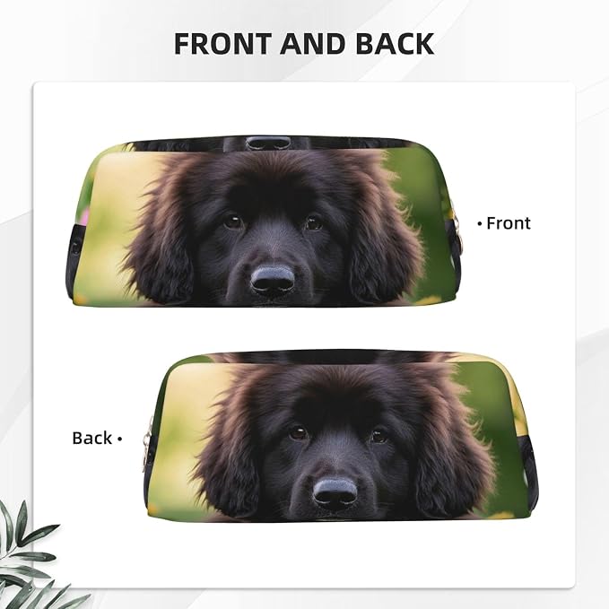 PU Leather Pencil Case Cosmetic Pencil Bags Makeup Pouch with Zipper | Cute Pet Newfoundland Dog Pen Pouch Portable Cosmetic Organizer Bag For Office Woman Man