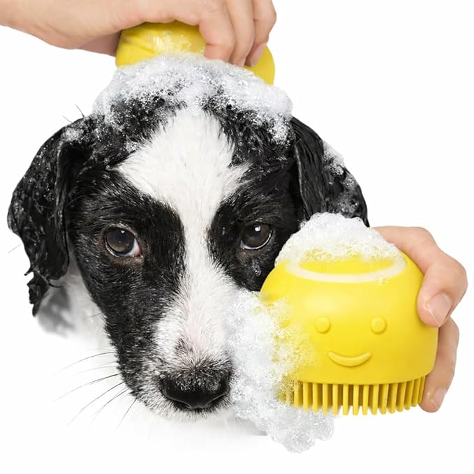 Dog Bath Brush with Shampoo Dispenser – Silicone Pet Grooming Scrubber for Dogs & Cats, Deep Clean + Massage, Easy-Grip Rubber Handle – Pet Shower Tool for Long & Short Hair