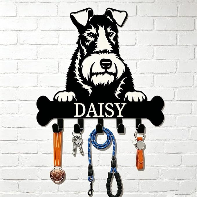 Custom Wire Fox Terrier Dog Collar Holder, Pet Accessory Organizer | Key Holder Wall Mount, Dog Lover Gifts, Metal Decor, House Warming Gifts New Home, Dog Leash Holder for Wall