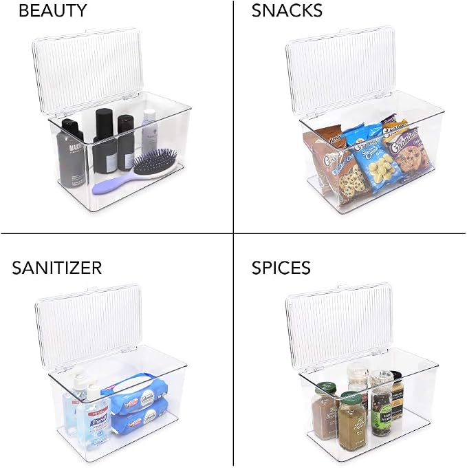 Isaac Jacobs Large Stackable Organizer Bin (10.75” x 6.5” x 6.1”) | With Hinged Lid, Clear Storage Box Home Office School Fridge Bathroom Kitchen Pantry Container BPAFree Food Safe