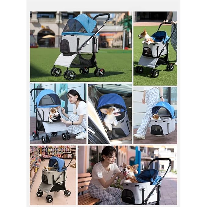 Pet Stroller Dog Stroller Foldable 3-in-1 Travel Cat Carriers & Strollers 4 Wheels Puppy Stroller with Storage Basket Portable Dog Stroller (Color : Blue)