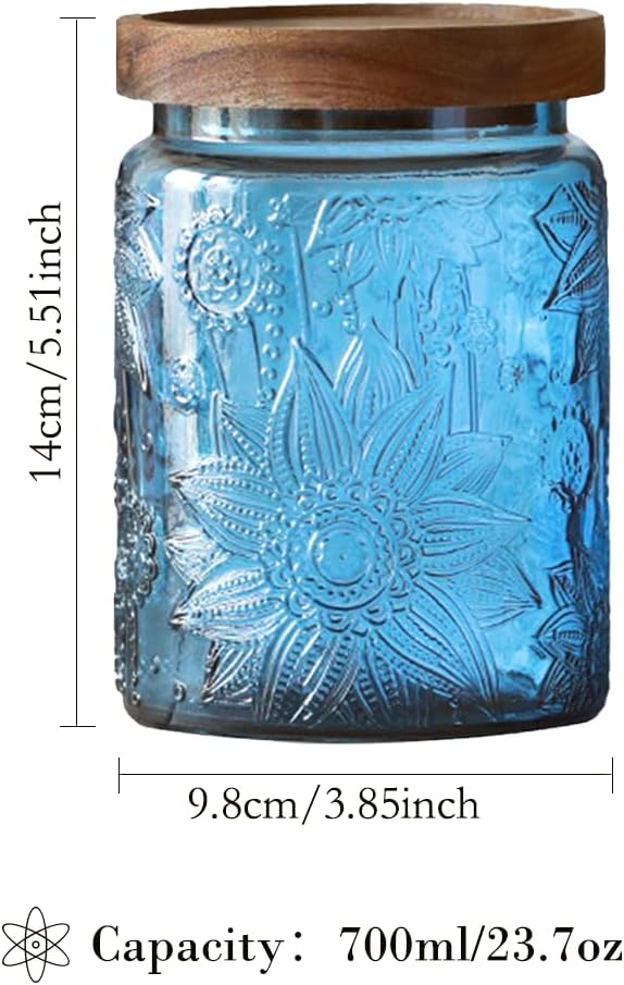 23.7 oz Blue Sunflower Glass Mason Jar, Vintage Canister with Airtight Lid | Coffee Beans, Loose Tea, Cookies, Candy, Bath Salts, Laundry Detergent, Pantry Organization, Bathroom Organization