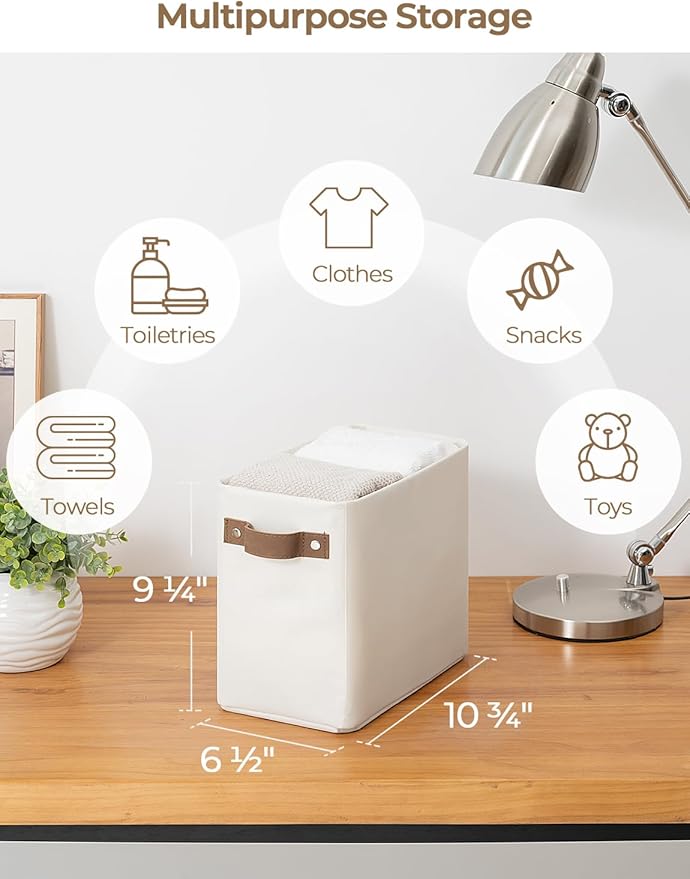 StorageWorks Narrow Storage Bins, Tall Storage Basket, Beige, 2-Pack | With Metal Frame, Sturdy Structure, PU Handles, Toilet Paper Storage, Small Storage Bins, For Bathroom, Closet, Shelf
