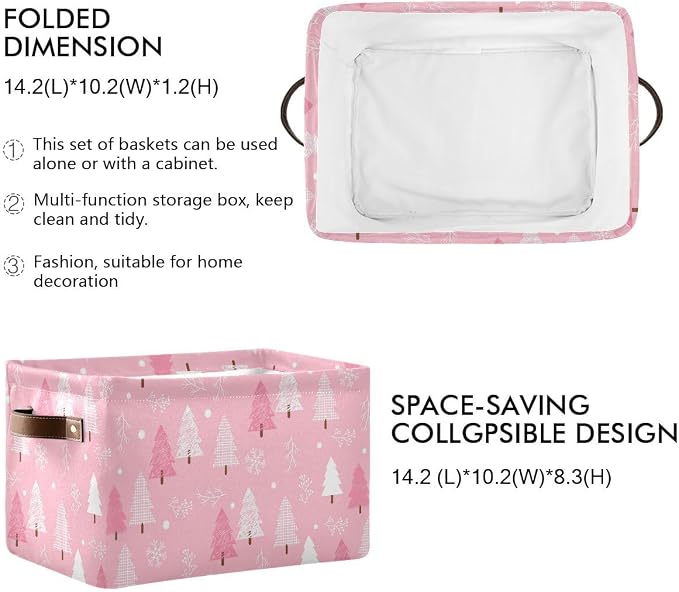 Christmas Tree Pink Storage Basket Fabric Kitchen Baskets Winter Snowflake Xmas Decorations Open Home Storage Bins Boxes Foldable Organizer Bag for Toy Book Shelf Closet Baskets 16×12×8 Inches 2 Pack