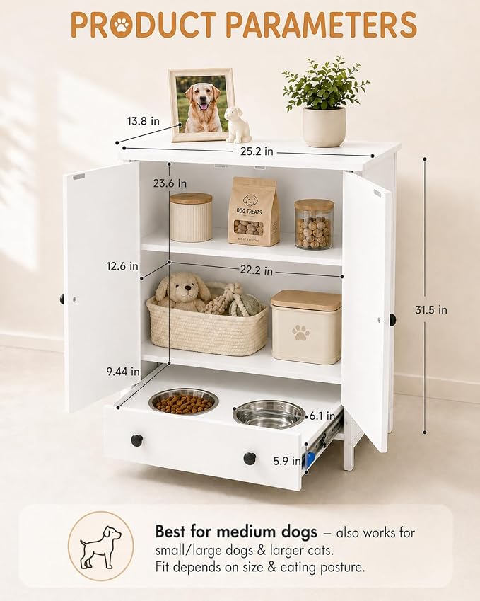 Dog Feeding Station with Storage Cabinet, Hidden Pull-Out Drawer | Metal Slide Rail, White Pet Food Storage Cabinet, 2 Elevated Bowls, Adjustable Shelf & 3 Hooks for Leashes, Collars, Toys