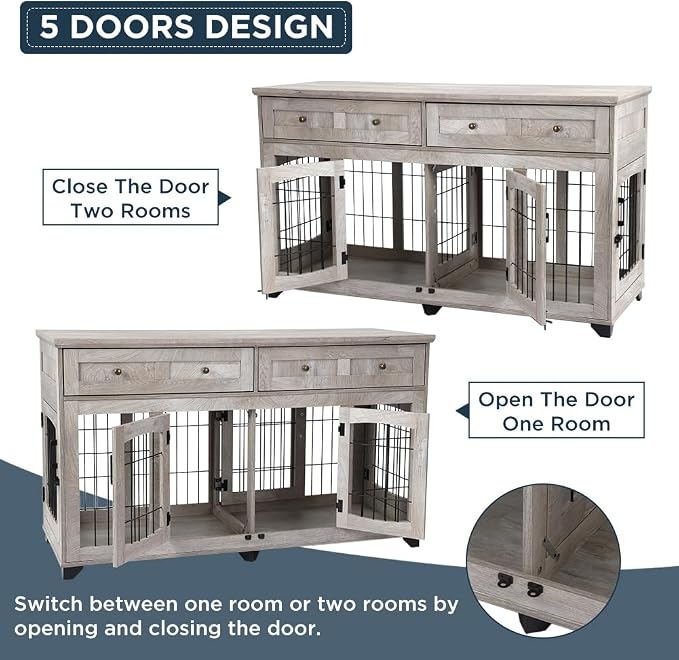 GarveeHome Large Dog Crate Furniture with 2 Drawers and Removable Divider | Two storage drawers, removable center divider, indoor housing for two medium large dogs