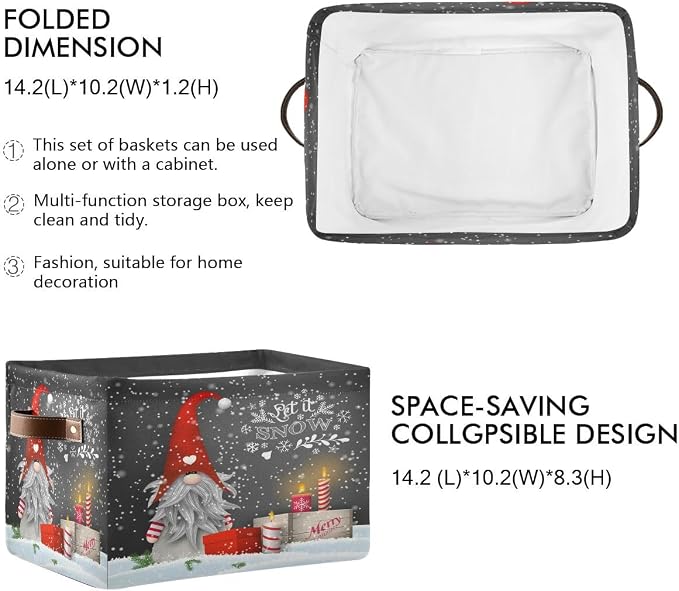 Winter Gnomes Storage Basket Fabric Kitchen Baskets Let it Snow Christmas Decorations Open Home Storage Bins Boxes Foldable Organizer Bag for Toy Book Shelf Closet Baskets 16×12×8 Inches 2 Pack