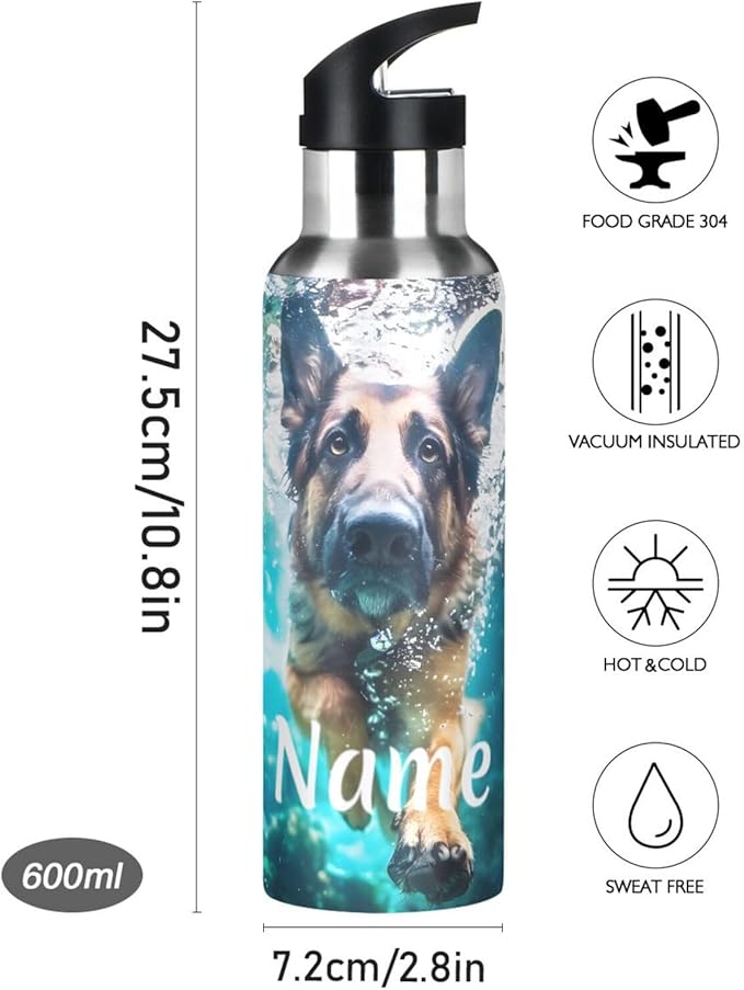 Custom Name German Shepherd Dog Underwater Water Bottle with Straw Lid Kids Insulated Stainless Steel Water Flask Sports, 20 Oz Hot Cold