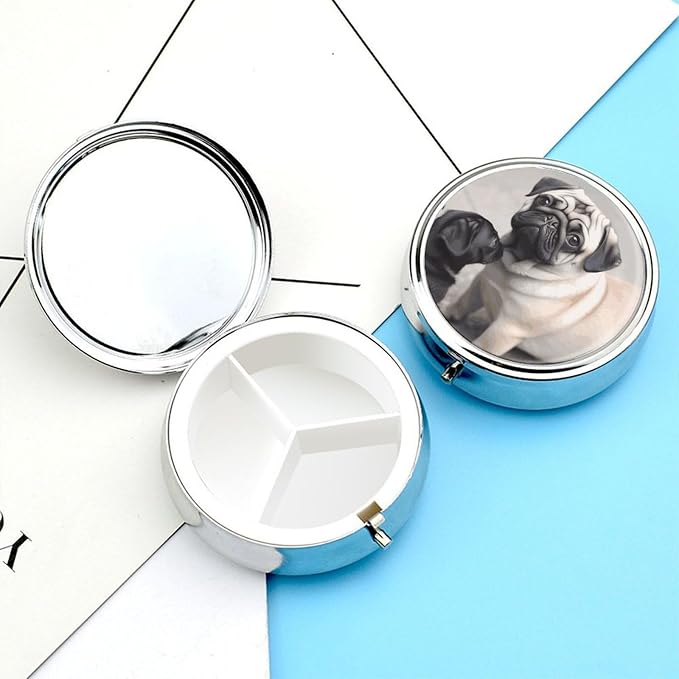 Cute Pet Pug Pill Box 3 Compartment, Pill Case Portable for Pocket Or Purse,Pill Organizer to Hold Vitamins, Medication, Fish Oil &Supplements