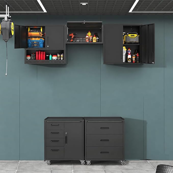 Metal Garage Storage Cabinets System, 5-Pcs Workshop Tool Cabinet Set,Black | Including 3 Pcs Wall Cabinets 2 Pcs Garage Tool Cabinets with Wheels,Assembly Required