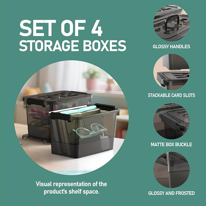 4 Pack 7 Quart Clear Black Storage Bins with Latching Lids, Stackable Plastic Storage Containers for Closet, Pantry & Garage Organization