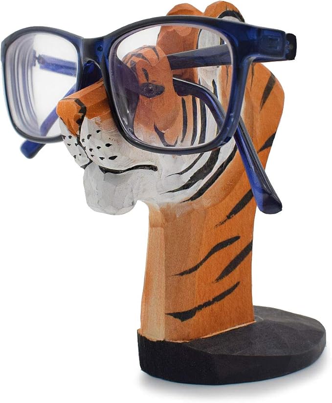 Handmade Wood Carving Eyeglasses Spectacle Holder Stand Sunglasses Display Rack Home Office Desk Décor Gift (Tiger)