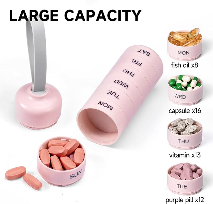 Betife Travel Pill Organizer, 7 Day Stackable Weekly Pill Case - Pink | Daily Pill Container with 7 Large Stackable Compartments, Sturdy ABS Snap-lock, No Metal-on-Metal Friction, Portable Pill Box
