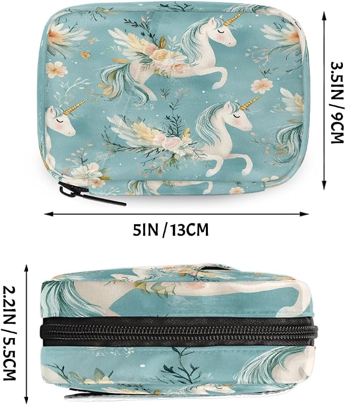 Weekly Pill Organizer Travel Size Bag with Removable 7 Day Pill Box Portable Vitamin Case Purse with Zipper,Unicorns Flowers Blue Pattern