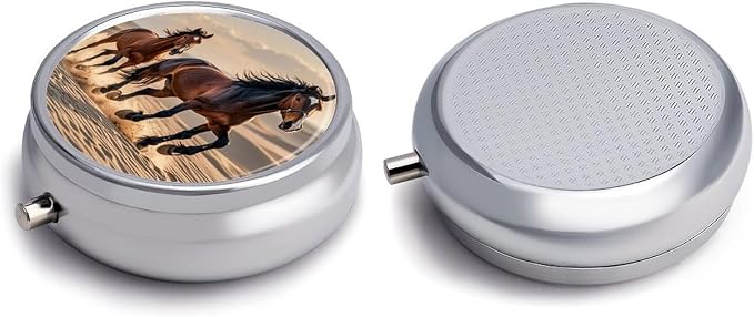 3 Compartment Medicine Pill Case, Horses Running in The Sand Round Pill Box, Portable Decorative Medicine Organizer for Pocket Or Purse Vitamin Organize