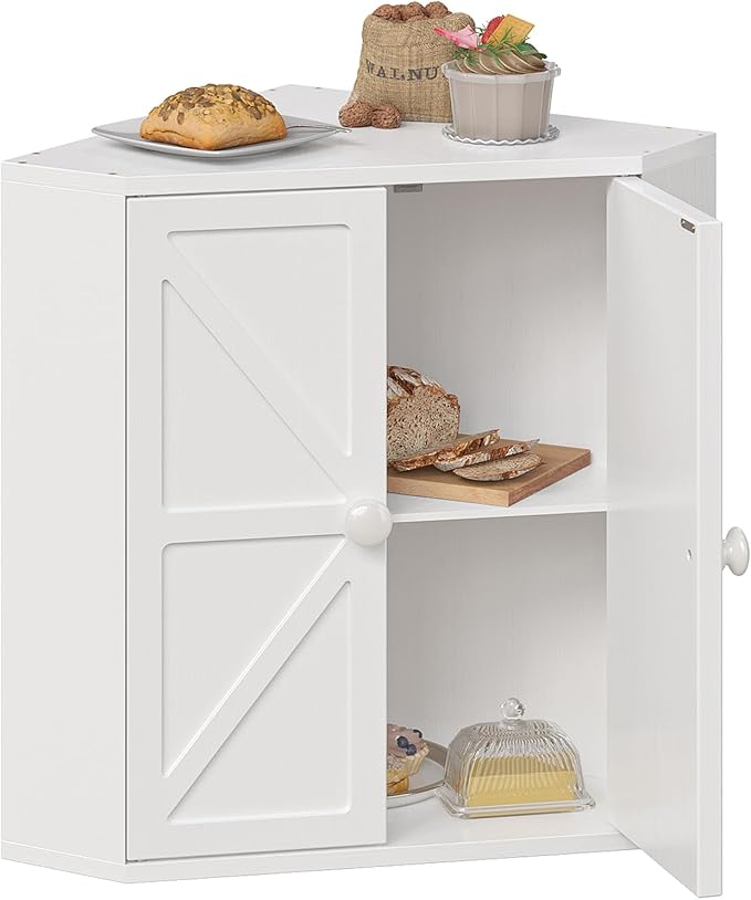 Trironsun Corner Bread Box for Kitchen Counter Double Layer Bamboo Bread Storage Container Large Capacity Bread Storage Bin Farmhouse Breadbox Organizer (White)