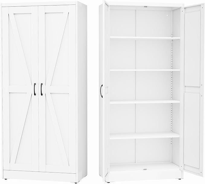 GAIOUS 71" Tall Kitchen Pantry Cabinet,White Cupboard,Metal Storage Cabinet | with 2 Doors and 4 Adjustable Shelves, Freestanding File Cabinet, 5 Tier Utility Cabinet for Dining Office Bathroom Bedroom