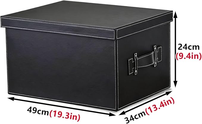 Premium Leather Storage box With lid Reinforced Handle Stackable Multi Purpose Organizer for Home Office Garage Camping Dorm pet Supplies Outdoor Storage Cabinet(Wine red,49cm/19.3in)
