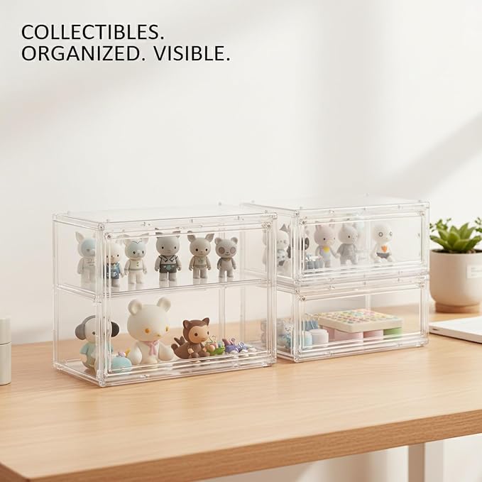 Clear PET Stackable Storage Box with Dividers, Transparent Display Organizer for Desktop Essentials