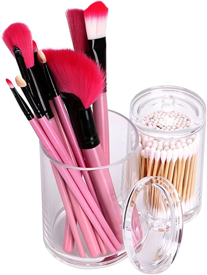 Hipiwe Clear Acrylic Cotton Swab and Ball Holder 2 Slots Q-tip Container | Round Cotton Pad Q-tip Organizer Case for Make Up Brush Clear Apothecary Jar