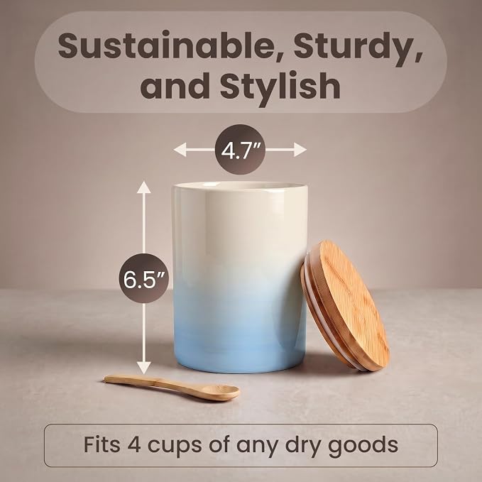Arthausen Vintage Blue Ceramic Storage Jar Canister for Flour Sugar - Airtight Bamboo Lid w/Silicone Seal, Spoon - Modern Abstract Art Design for Kitchen Counter Bathroom - 4 cup / 1080mL