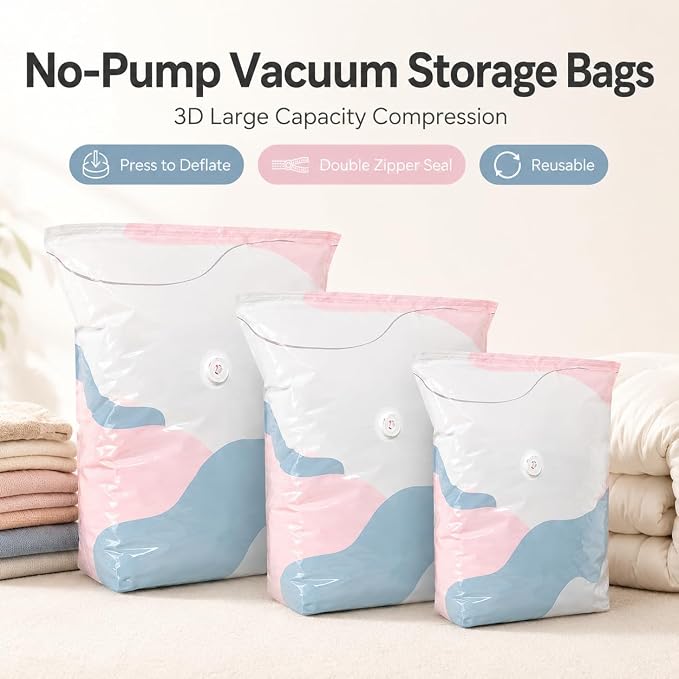 No Pump Vacuum Storage Bags for Bedding 3D Compression Jumbo Press and Seal for Clothes and Blankets Large Capacity Thickened Stereoscopic Saving Space 2026 New 3pc (Medium)
