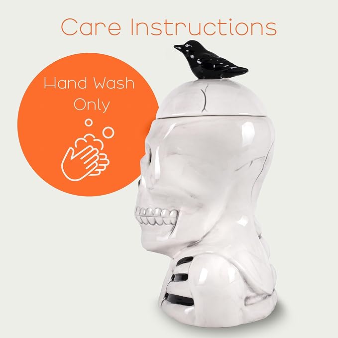 Dolomite Ceramic 12 x 8.5 Halloween Cookie & Candy Jar with Airtight Lid: Perfect for Kitchen Canisters, Pet Treat Containers & Fall Decorative Candy Dish, Skeleton with a Crow