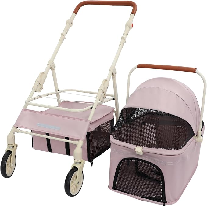 Foldable Double Tier Pet Cart, 360° Swivel Wheel Travel Carrier, Pink | Breathable Oxford Cloth Carbon Steel Frame, Brake Wheels & Pet Friendly Windows For Dog Cat Outdoor Walk Trip