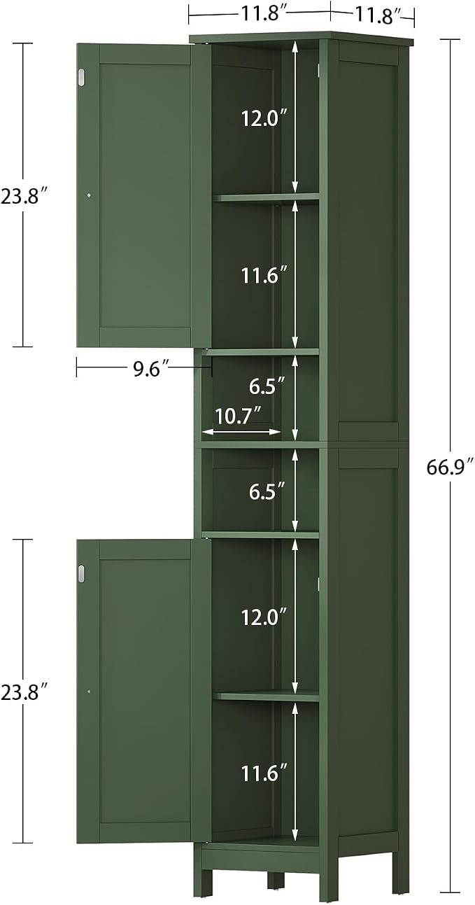 TEENFON 67" Tall Bathroom Cabinet with Adjustable Shelves and Doors, Narrow Bathroom Storage Cabinet for Small Space, Living Room, Entryway, Kitchen, Green