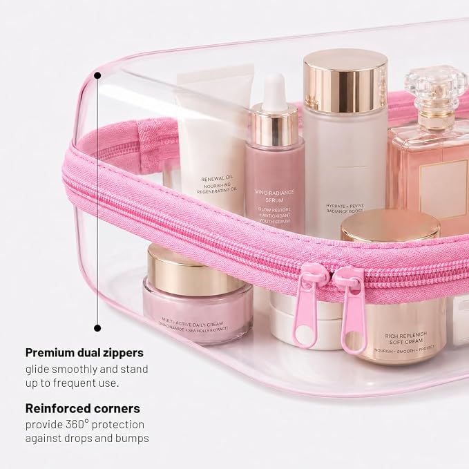 3 Pack Clear Hard Shell Zipper Case (1XL + 1L + 1M, Pink) | Travel Toiletry Bag, Waterproof 1.2mm PET Hard Plastic Pouches, Organizer Box for Makeup, Toy, Snack, Stationery, Diaper