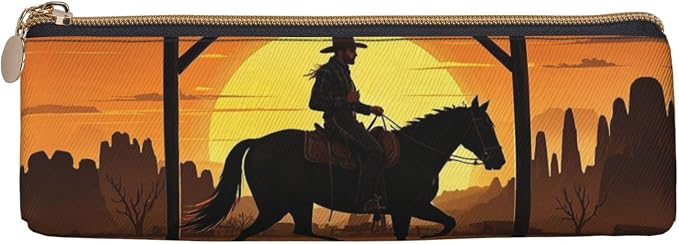 Leather Pen Case with Zipper - Aesthetic Pen Holder Cowboy Riding Ranch Desert Pencil Case for Women & Men - Handcrafted Pencil Bag Multi-Functional Travel Cosmetic Case for Work Office Tool Pouch