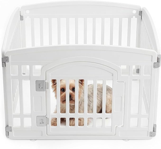 NEWBULIG 24 Inch 4 Panels Dog Playpen, Plastic Pet Play Pen Fence | Portable, Secure Locking Door, Indoor Outdoor Yard RV Camping, Small Medium Dogs, White