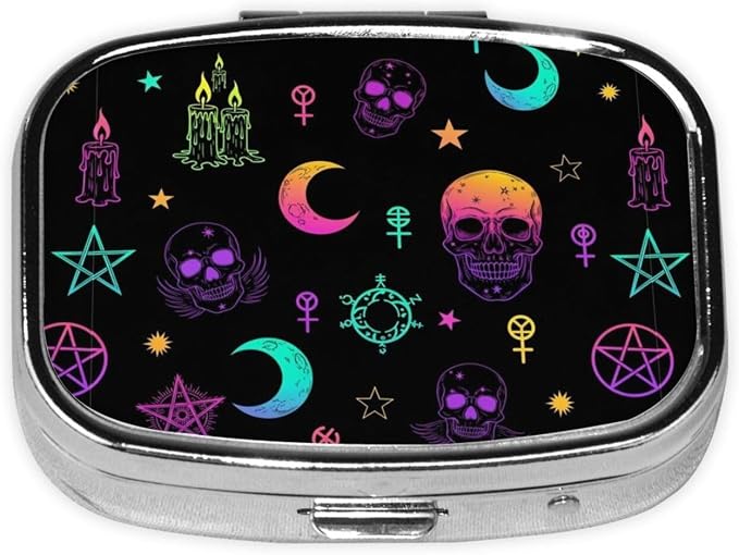 Travel Pill Case Organizer Pocket-Sized Vitamin Holder Fish Oil Container Men Women On-The-Go, Witch Frogs Goth Moon Skull Mushroom