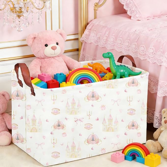 Rectangular Pink girl princess basket,Pink Baskets,Collapsible waterproof storage basket,Books Box,Girl room Decor,Gift Baskets(Pink Princess)
