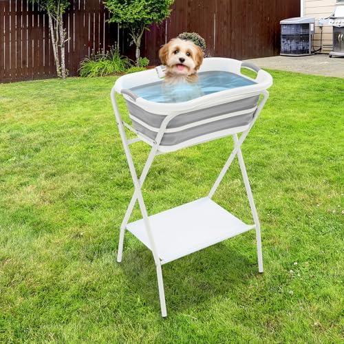 Dog Bathtub Washing Station for Small & Medium Dogs & Cats Indoor & Outdoor | Elevated Foldable Pet Bath Tub, Stand & Safety Belt, Bottom Storage Rack, Drain Plug & Brushes, Portable Raised Tub