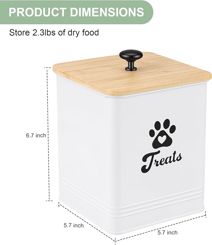 Dog Treat Container Airtight, 5.7" W x 6.7" H Iron Pet Treat Jar with Bamboo Lid, 12 Cup Food Storage Canister for Kitchen Counter, Decorative Pet Cookie Jar for Dog Snacks Kibble,White