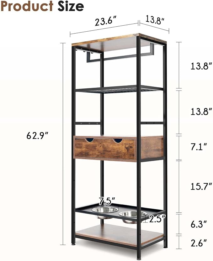 Dog Feeding Station with Storage Large Dog, Pet Dog Food Storage Organizer with Bowls & Shelves, 3 Height Adjustable Raised Dog Bowl Stand for Medium Dogs Cats (Black+Vintage)